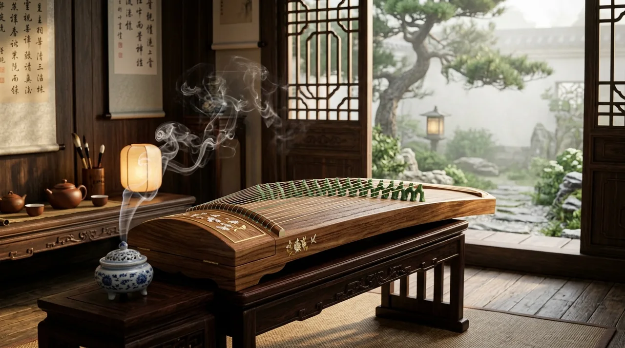 雅致琴房中的二十一弦古筝