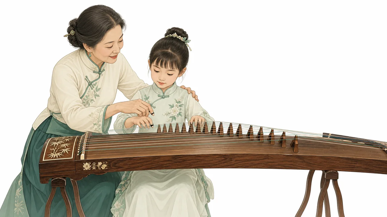 以古筝师生合奏为主题的教学插画