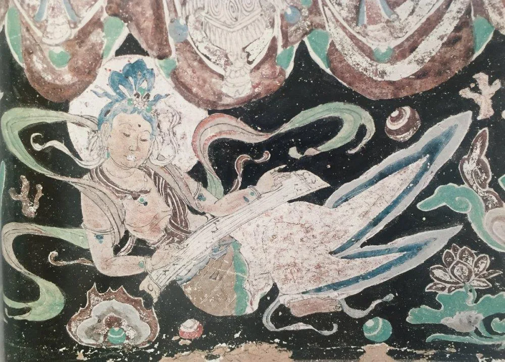 榆林窟古代壁画乐伎抚筝图卷